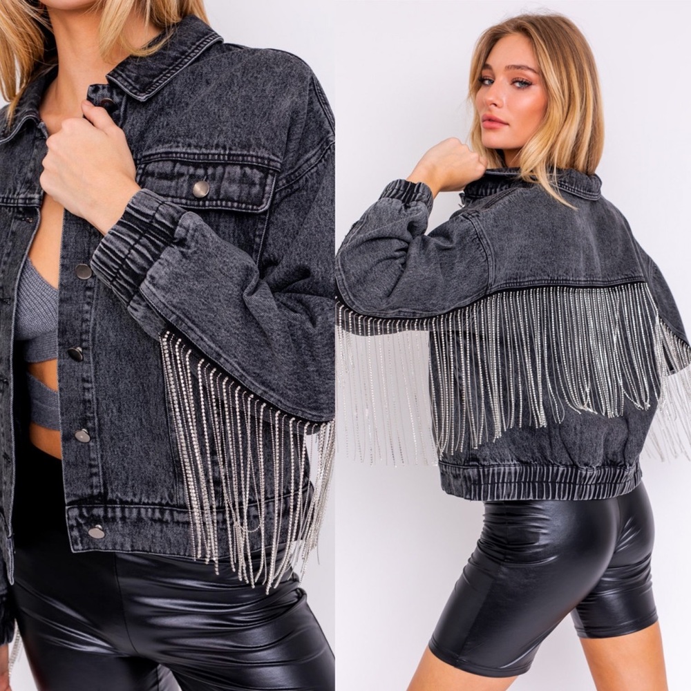 🚨LAST SMALL EVER🚨Last Call Rhinestone Fringe Denim Jacket - Picture 6 of 16